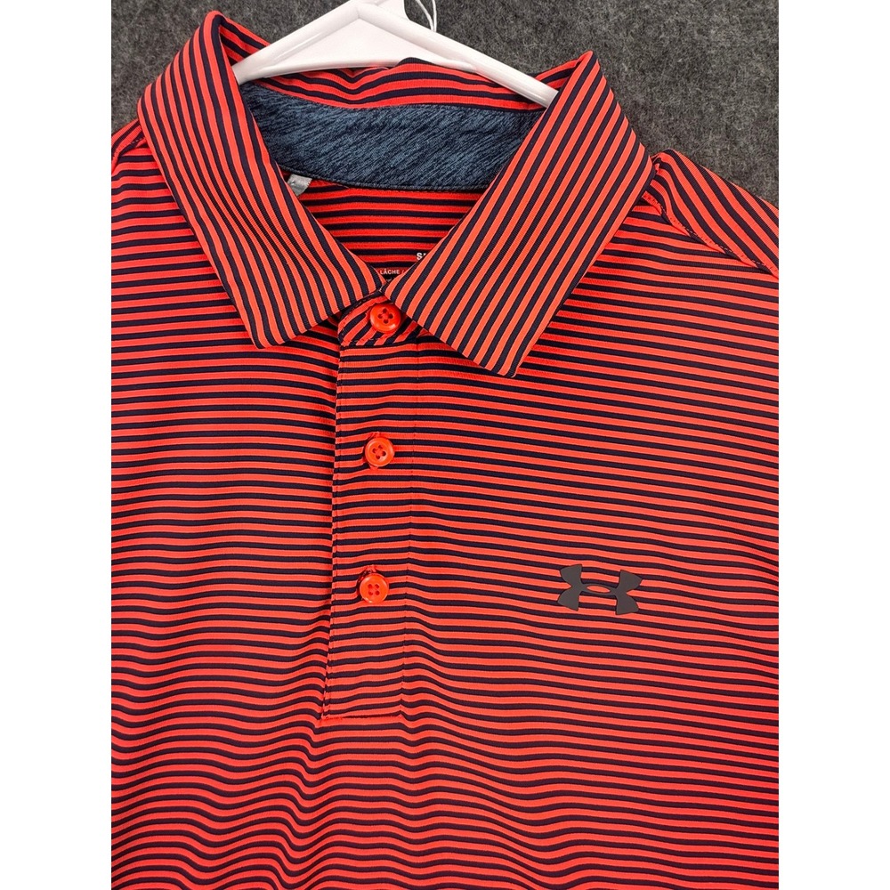 Under Armour HeatGear Mens Small Red Navy Striped Loose Fit Golf Polo 1253479